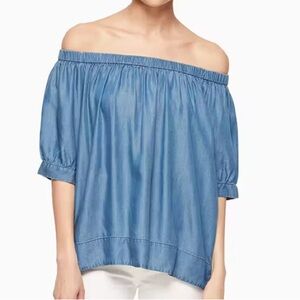 Kate Spade Broome Street Women M Blue Short Sleeve Chambray Off The Shoulder Top